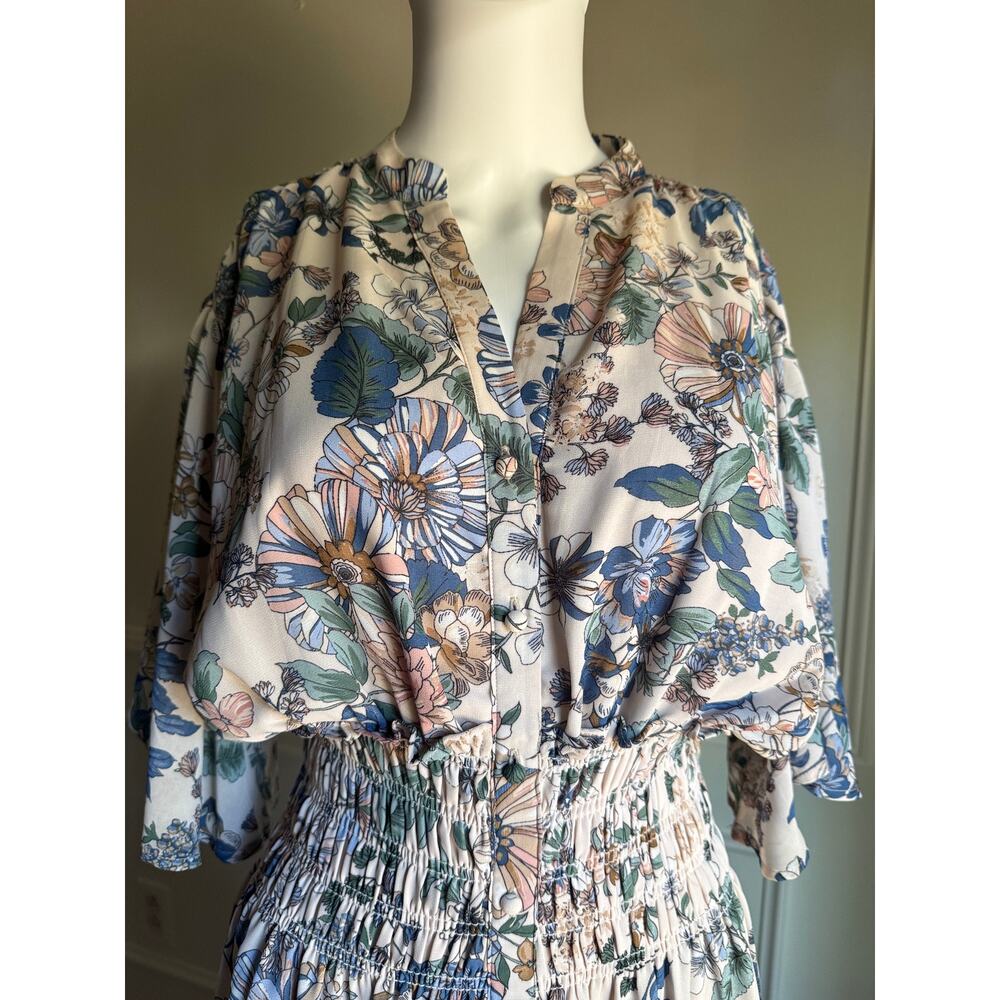 Bohme Floral Midi Dress Smocked Waist Cottagecore Prairie Boho Feminine Small - Picture 2 of 8